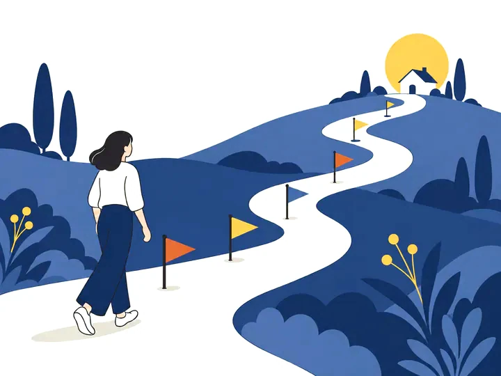 旗の立つ1本の道を、先の家に向かって歩く人のイラスト