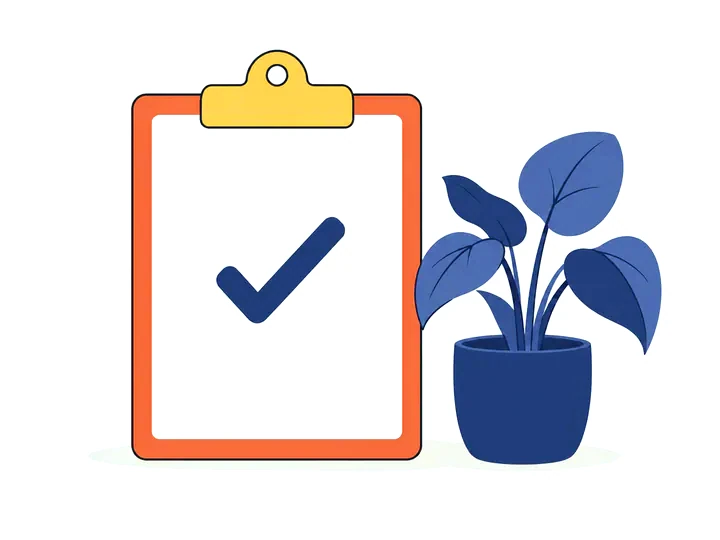 チェックの入った書類ばさみと観葉植物のイラスト