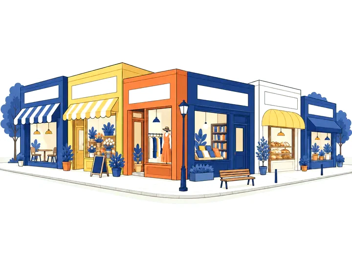 色の違うお店が並ぶ街角のイラスト