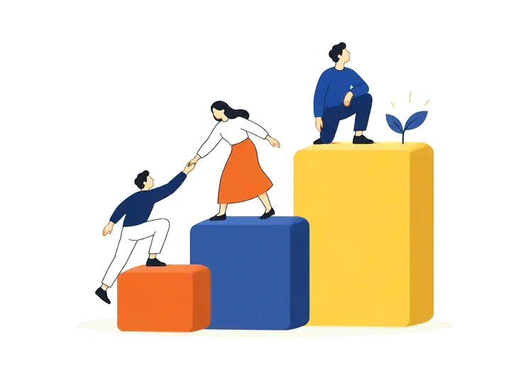 高さの違う3つの台を、人が手を取り合って上る様子のイラスト