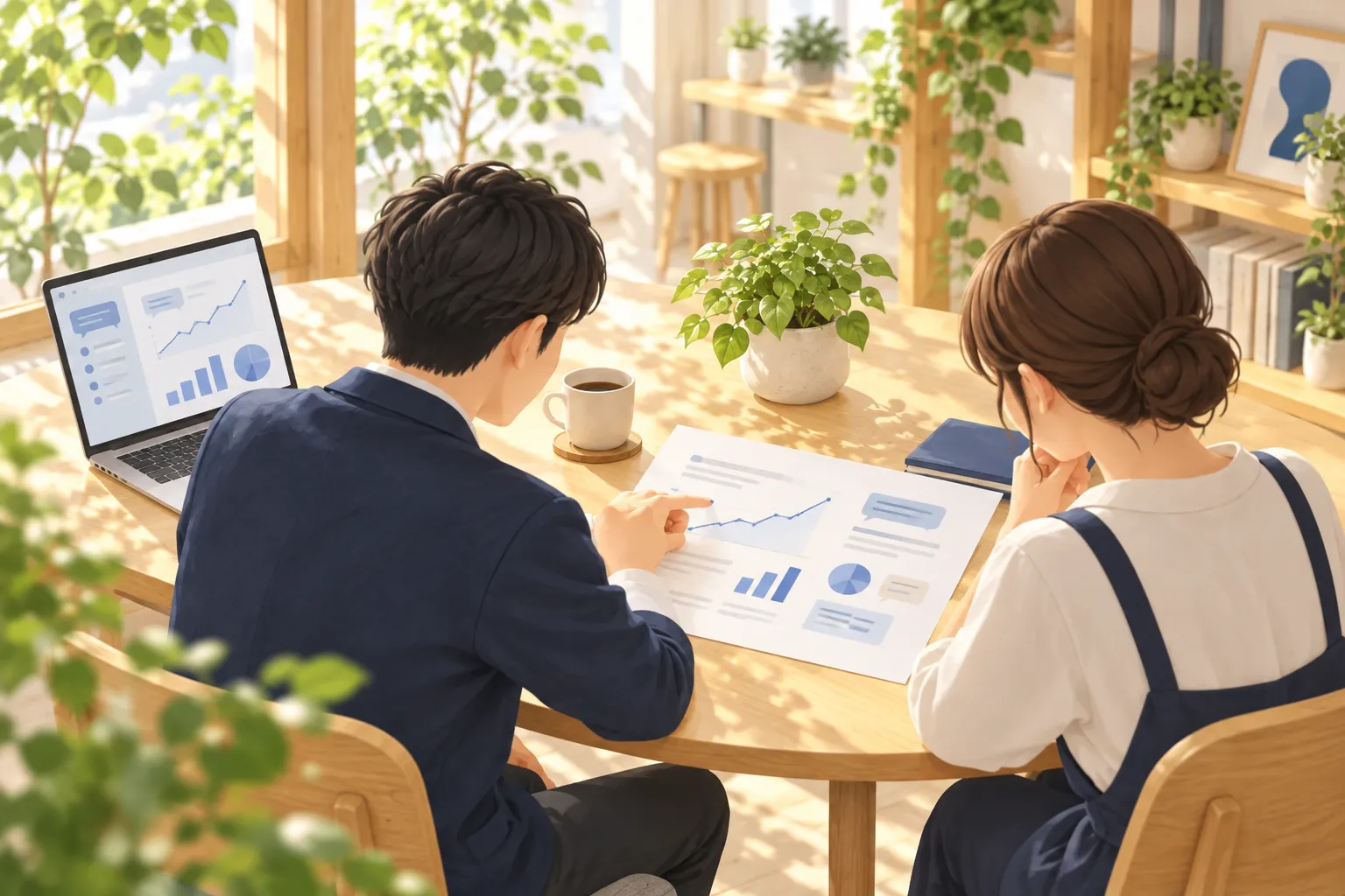 大きな虫めがねで、ウェブページを2人で確かめるイラスト